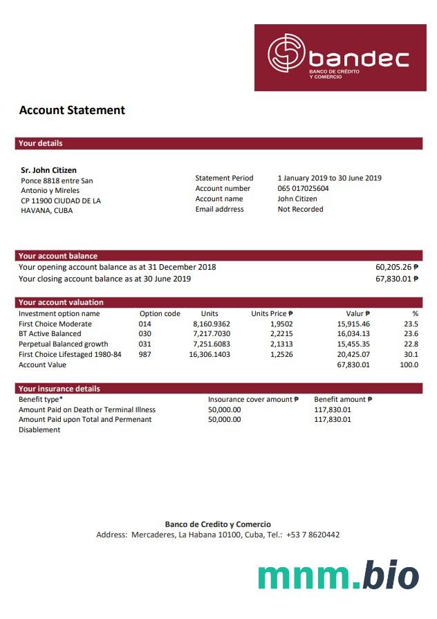Cuba Bandec Banco de Credito y Comercio wyciąg bankowy łatwy do wypełnienia szablon .xls i .format pliku pdf
